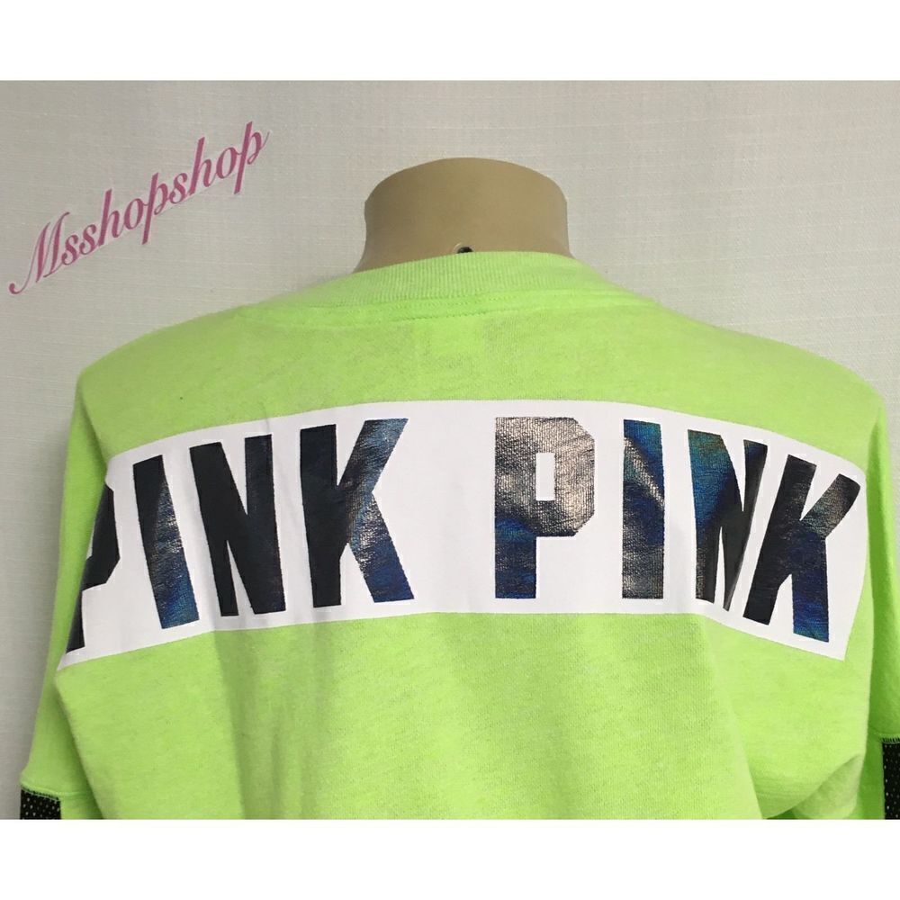 NWT XS Victoria's Secret PINK Neon Green Black Mesh Varsity Crew Sweatshirt Top - Picture 7 of 12